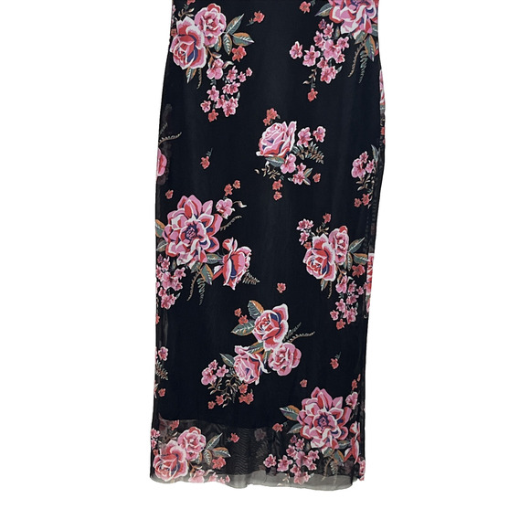 Harlow & Rose Mesh Sheath Midi Dress Small Black Floral Sheer Long Sleeve 90s - Picture 5 of 11